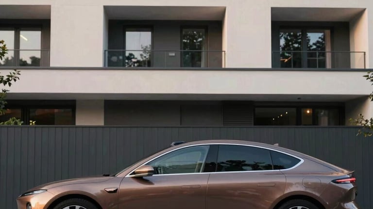 A luxury electric sedan parked in front of an elegant contemporary residential building in Germany, clean architectural design, soft evening light, muted charcoal and warm bronze tones.