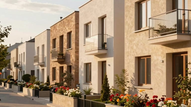 An elegant street in a clean, upscale Central European suburb. High-end modern townhouses, blooming flower beds, warm sunlight casting soft shadows, luxury residential area, warm gold and soft sand colors.