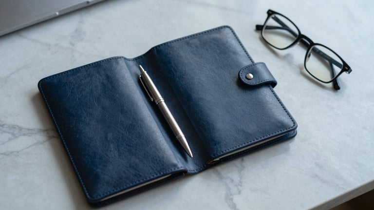 A formal flat-lay of a leather portfolio, a silver fountain pen, and a pair of glasses on a minimalist marble desk, styled in dark blue and muted blue tones.