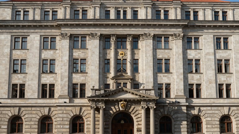 Detailed architectural photography of a historic government building facade in a Central European / Polish-Romanian city, representing institutional stability and trust.