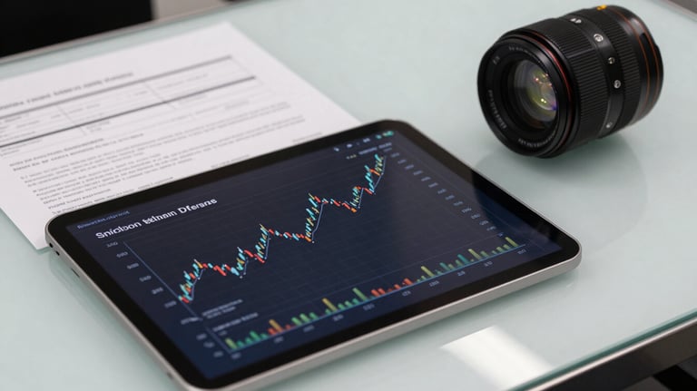 Still life photography of an official printed report and a tablet showing a financial graph, placed on a light blue glass surface in a high-end office.
