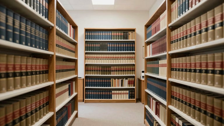A clean, bright view of a professional law library with organized shelves of legal volumes in a Central European / Polish-Romanian chamber office.
