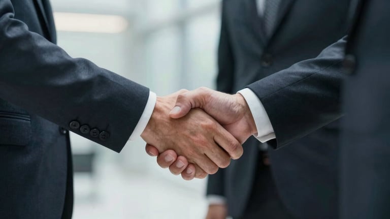 A close-up of two business professionals in formal attire shaking hands in a bright, modern foyer, symbolizing international partnership and collaboration.