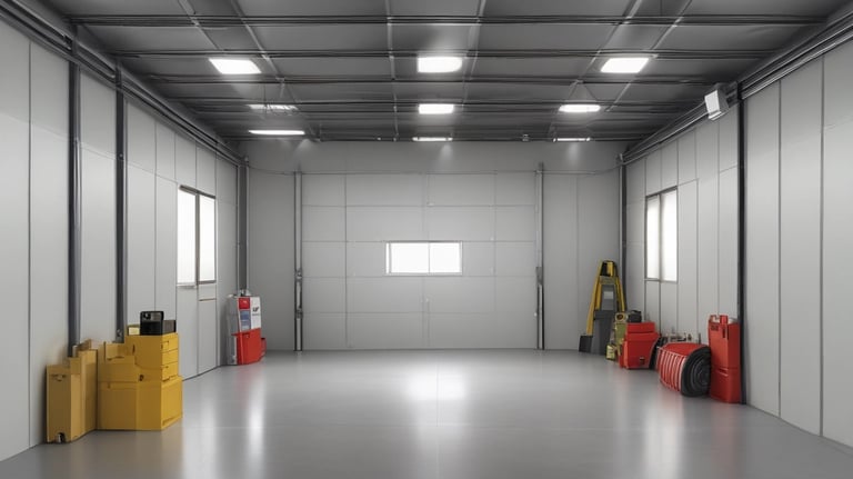 Heavy construction machinery parked inside a secure storage facility.