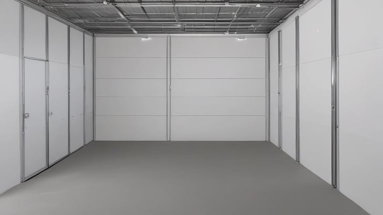 Spacious indoor storage hall with a large motorhome parked inside.