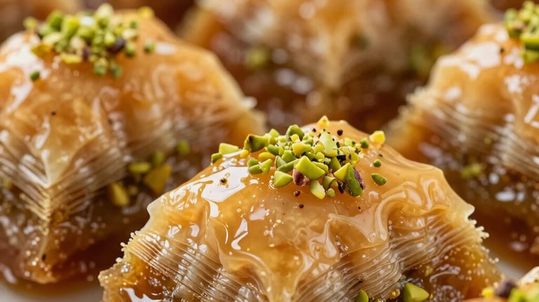 Close-up of fresh Baklava pieces soaked in honey with crushed green pistachios on top. Warm, rich brown and golden tones. Professional food photography.