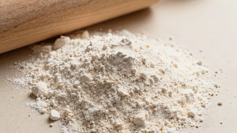Close-up of high-quality organic wheat flour and a wooden rolling pin on a light cream surface. Warm, soft lighting, focus on texture. Cream and light brown color palette.