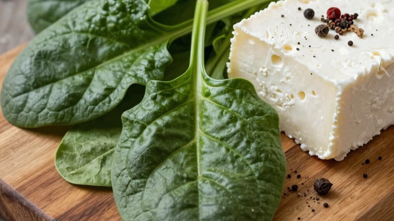 Still life photography of fresh spinach, feta cheese, and traditional spices on a wooden board. Vibrant and fresh, morning light, rustic authentic style.