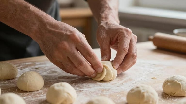 A close-up photography of a baker's hands expertly shaping small dough balls for Poğaça. Central European / German / Berlin environment. Natural window light, warm brown tones.