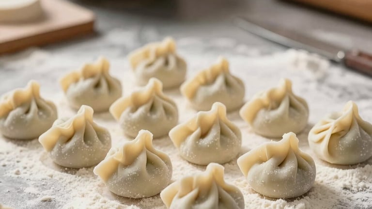 Detailed shot of small, handmade Mantı dumplings being placed on a floured surface. Soft focus background, Central European / German / Berlin artisan kitchen.