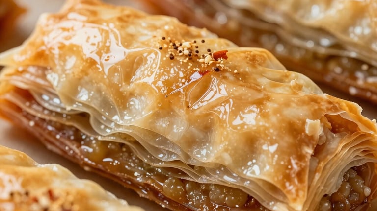 Macro photography of golden, flaky layers of fresh Börek. Warm, appetizing lighting with soft shadows. Light brown and soft red tones.