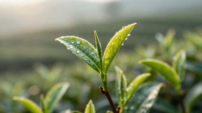 A vibrant macro shot of dew-covered tea leaves on a branch at sunrise in a Chinese tea garden, symbolizing fresh, organic agricultural practices.