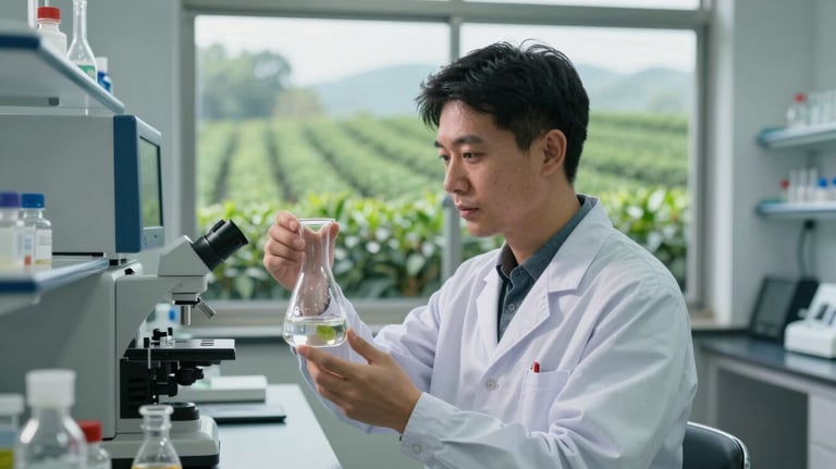 A medium shot of an East Asian / Chinese agricultural scientist in a laboratory, holding a beaker near modern testing equipment with tea plantations visible through the window.