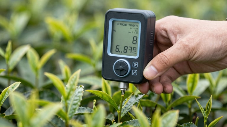 A close-up of a high-tech agricultural moisture meter being used on fresh green tea leaves by an East Asian / Chinese hand, emphasizing scientific precision.