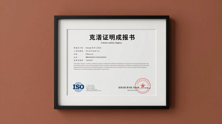 A clean, minimalist shot of an official ISO certification document framed on a Terracotta-colored wall in a professional corporate office setting in China.