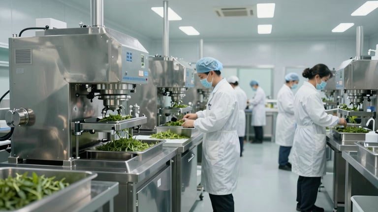A wide shot of a modern, sterile tea packaging floor with stainless steel machinery and technicians in white uniforms, representing global hygiene standards.