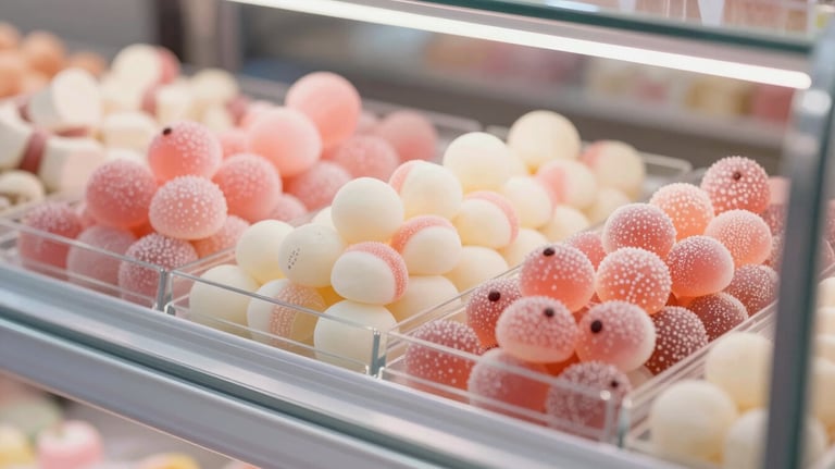 A vibrant selection of artisan gummy candies and sweets in a clean, modern display case. Colors include soft pinks and creams matching #A7727D and #F8F8F8.