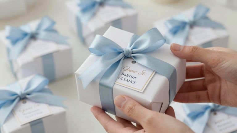 Hand-wrapped personalized gift boxes for a baptism, featuring elegant ribbons and custom labels.