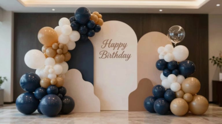 Professional balloon art installation featuring organic shapes and sophisticated color palettes for a birthday celebration.