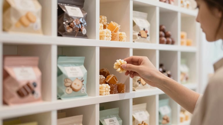 A person choosing sweets from a modern, minimalist pick and mix wall. Elegant packaging and clean aesthetic.