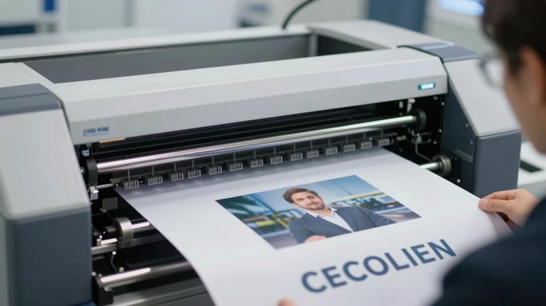 Professional digital printing machine in action, producing high-quality marketing materials. Clean, technical, and reliable atmosphere.