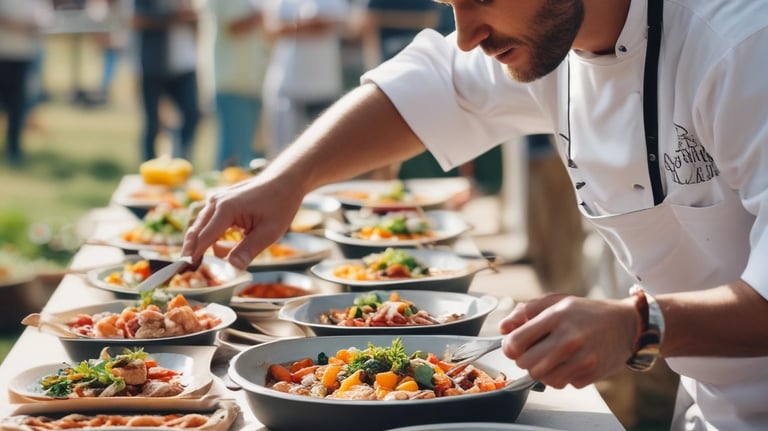 Close-up of a chef preparing fresh gourmet dishes at an outdoor event