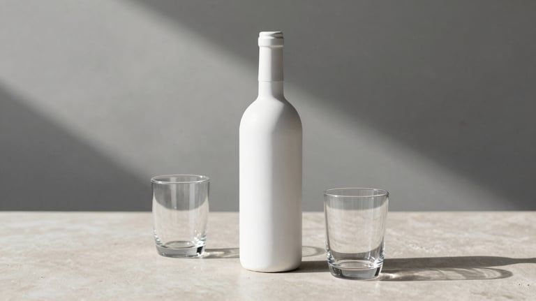 A minimalist arrangement of a white wine bottle and two glasses on a light beige table. The background is a clean, architectural space with muted steel grey shadows. South American context.