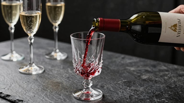A close-up photograph of a bottle of red wine being poured into a crystal glass. The setting is a Brazilian high-end bar at night, with dark slate grey textures and champagne gold highlights on the glassware.