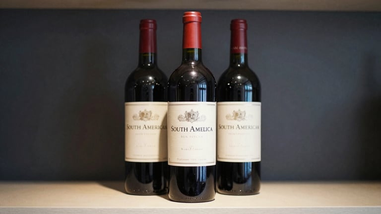 A detailed shot of three bottles of premium red wine standing on a minimalist shelf. The lighting is soft and warm, highlighting the labels and the deep slate grey background of a South American wine cellar.