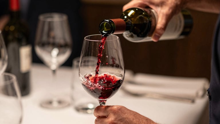 Close-up of a sommelier's hands carefully pouring red wine into a glass in a dimly lit, high-end South American establishment. Focus on the wine's texture and the elegant movement.