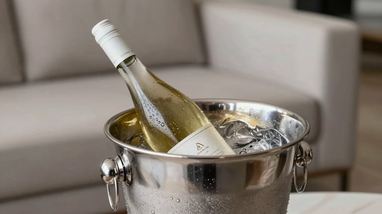 A bottle of chilled white wine resting in a contemporary silver ice bucket. Condensation on the bottle, set in a minimalist Brazilian lounge with beige and steel grey colors.