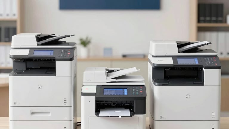 Technician repairing a modern printer in a bright office environment