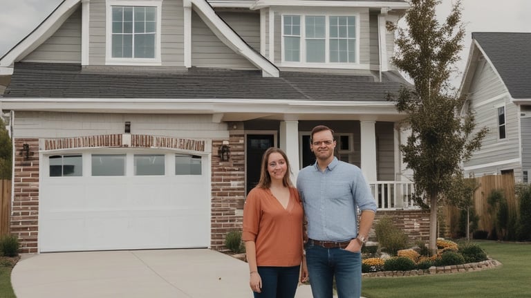 Smiling builder shaking hands with a satisfied homeowner in front of a new house.