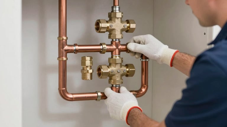 Plumber fitting heating system components inside a residential property