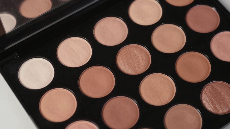 Overhead shot of a makeup palette with vibrant and nude tones in a North American / NYC Hispanic professional setting.