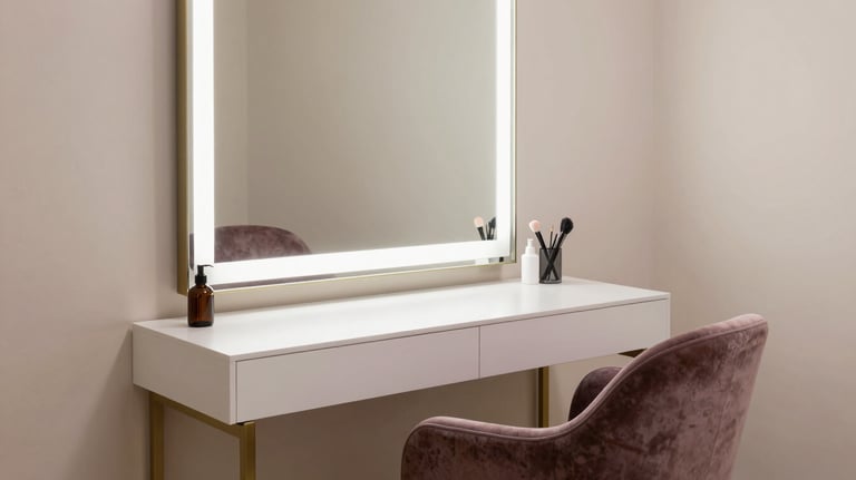 An elegant mirror station in a professional beauty studio in a North American / NYC Hispanic neighborhood, featuring muted plum chair and soft almond white accents.