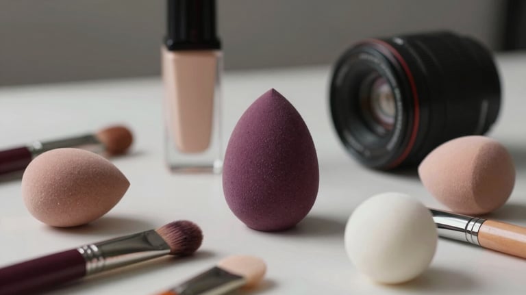 A sophisticated arrangement of professional makeup products and sponges in muted plum and soft almond white on a clean studio table.