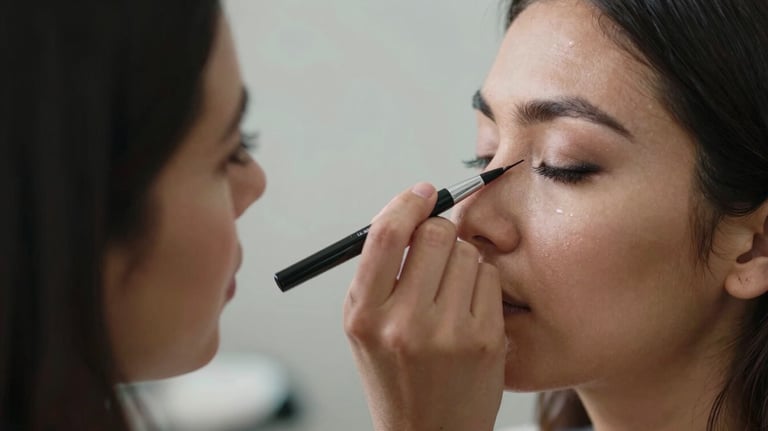 A close-up photograph of a professional makeup artist's hand precisely applying eyeliner on a client in a bright North American / NYC Hispanic studio.