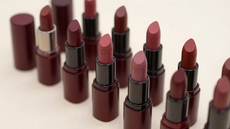 A set of high-end lipstick tubes in deep burgundy and dusty rose shades, artistically placed on a soft almond white surface.