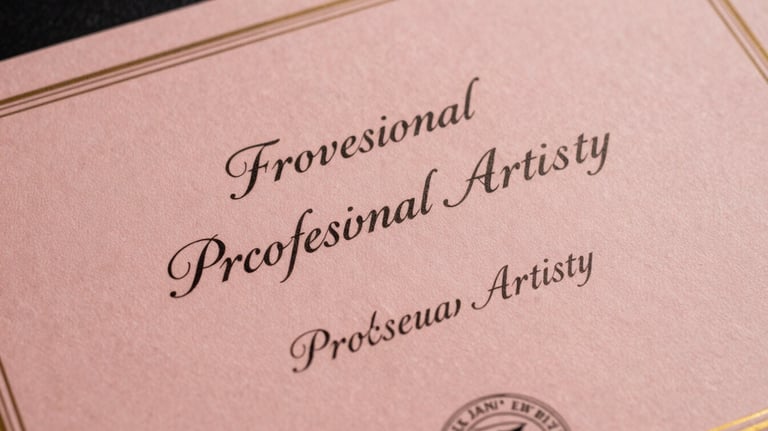 Close-up of a certificate of professional makeup artistry with elegant calligraphy, resting on a dusty rose fabric background.