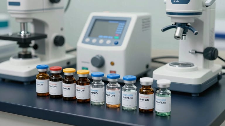 A collection of high-end medical equipment and pharmaceutical bottles arranged neatly on a dark navy surface. The composition is professional and clean, highlightingHoof Life's commitment to medical excellence.