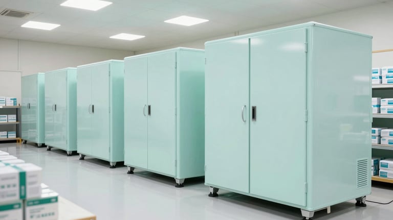 An organized pharmaceutical warehouse in Yemen, showcasing modern cold-chain storage and high-quality packaging. The scene is bright and professional, with clean pale mint and arctic white lighting.