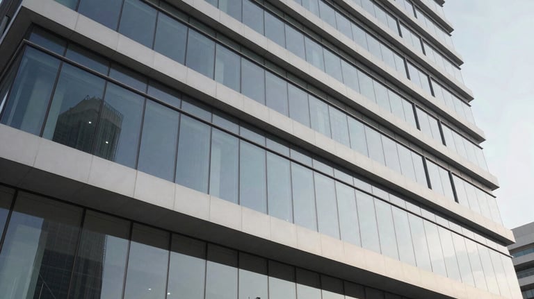 A modern office building exterior in Yemen with glass panels and a clean, sophisticated design. The architecture is professional and represents a stable and growing business presence in the Middle East.