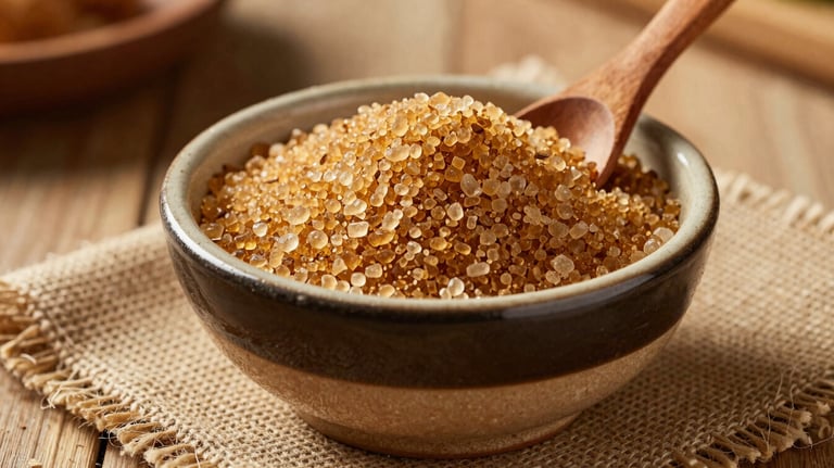 Natural brown sugar in a handcrafted ceramic bowl, with a wooden spoon resting inside, sitting on a burlap cloth under warm, natural light in a South American / Brazilian kitchen.