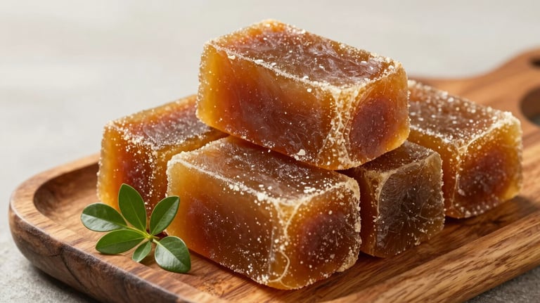 Solid blocks of traditional rapadura (sugar cane candy) stacked on a rustic wooden tray, decorated with a small sprig of green leaves, South American / Brazilian style.