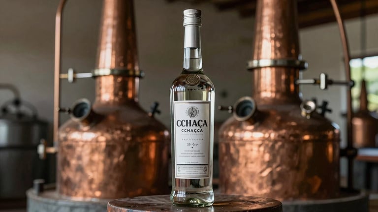 A bottle of silver cachaça placed next to a traditional copper alembic still in a dimly lit, clean artisanal distillery in South American / Brazilian style.