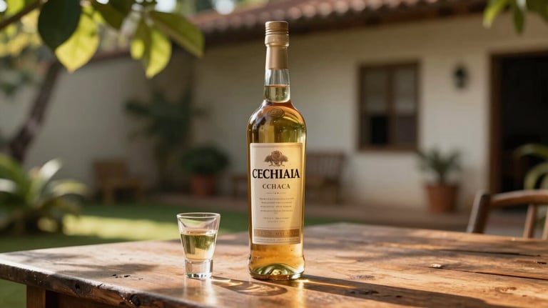 A bottle of golden aged cachaça on a rustic wooden table next to a small glass, with warm sunlight filtering through leaves in a South American / Brazilian courtyard.