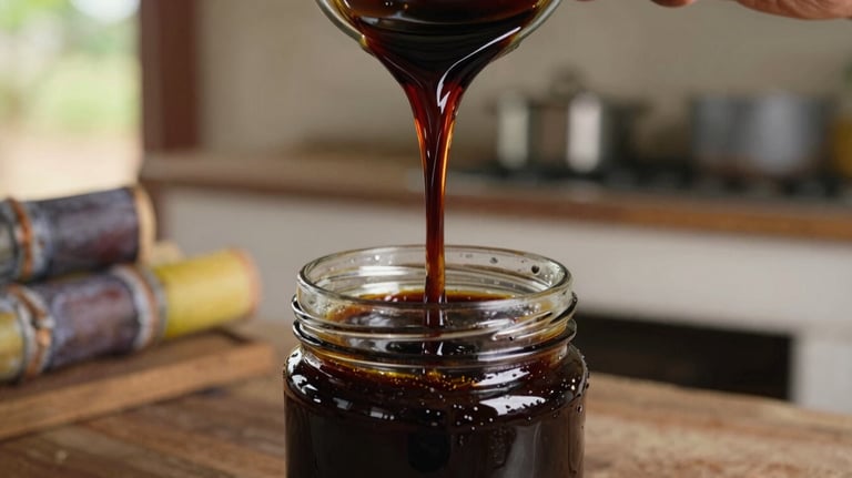 Rich, dark sugarcane molasses (melado) being poured slowly into a glass jar, showing its thick texture, against a backdrop of a rustic South American / Brazilian farm kitchen.
