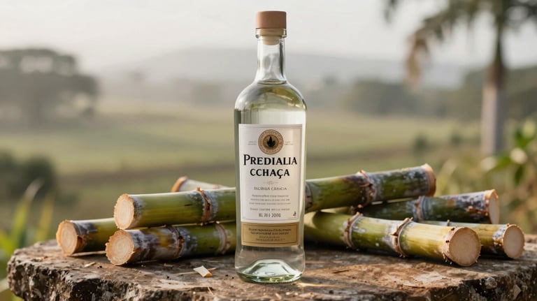 An elegant glass bottle of premium white cachaça standing on a rustic stone surface, surrounded by fresh cut sugarcane stalks, soft morning light in a South American / Brazilian farm setting.