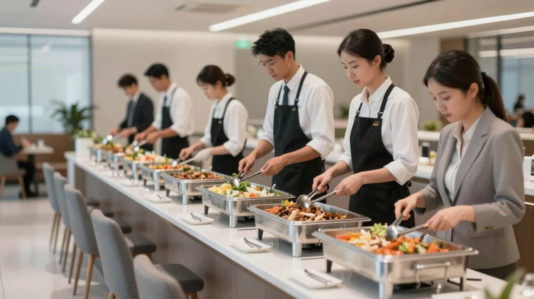 A clean, modern corporate dining area with organized seating and professional staff preparing a buffet, emphasizing reliability and hygiene.